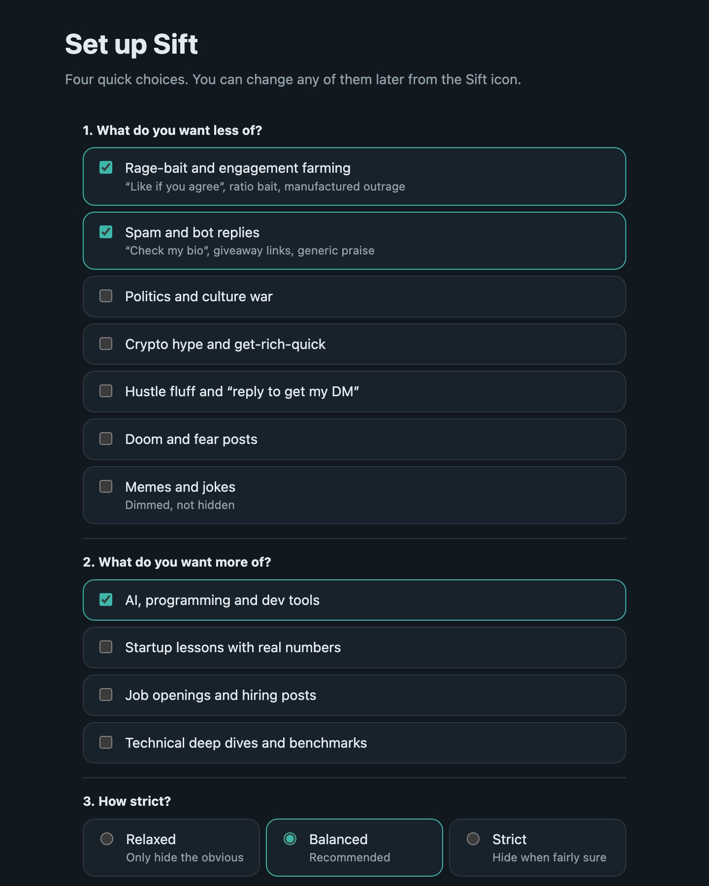Sift's setup page asking what you want less of and more of